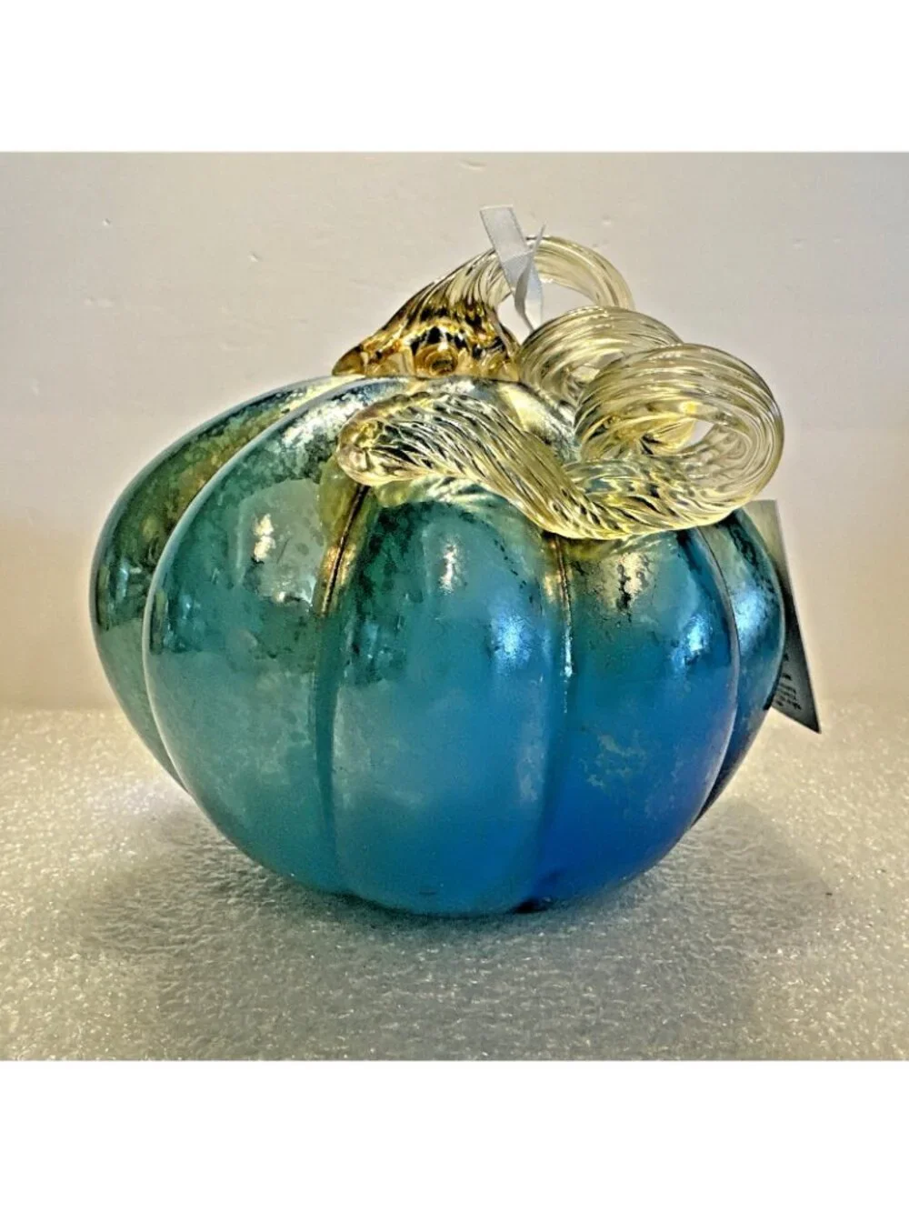 Mikasa Blown Glass Pumpkin Aqua Blue Gold Curly Stem 6.5